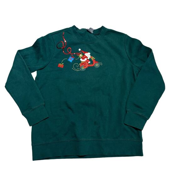 Holiday Editions Vintage Green Santa Scooter Ugly Christmas Sweatshirt - Picture 1 of 5
